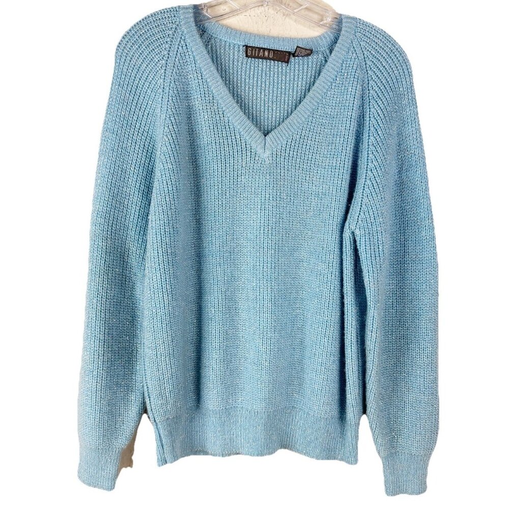 VTG Gitano Knits Medium Blue V-Neck Fitted Acrylic Sweater Sparkle Soft EUC
